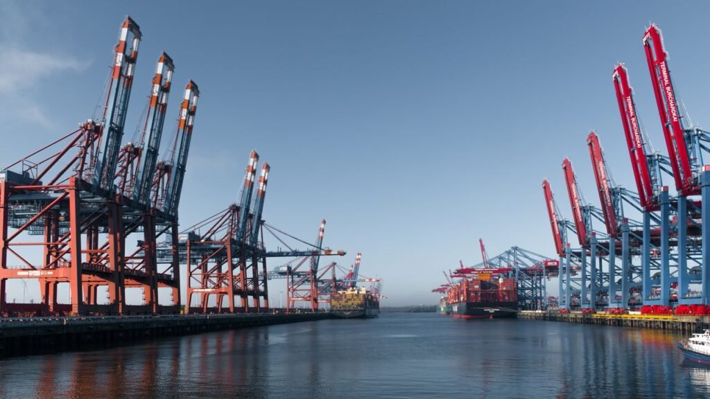 Container port with large cranes where cargo is cleared