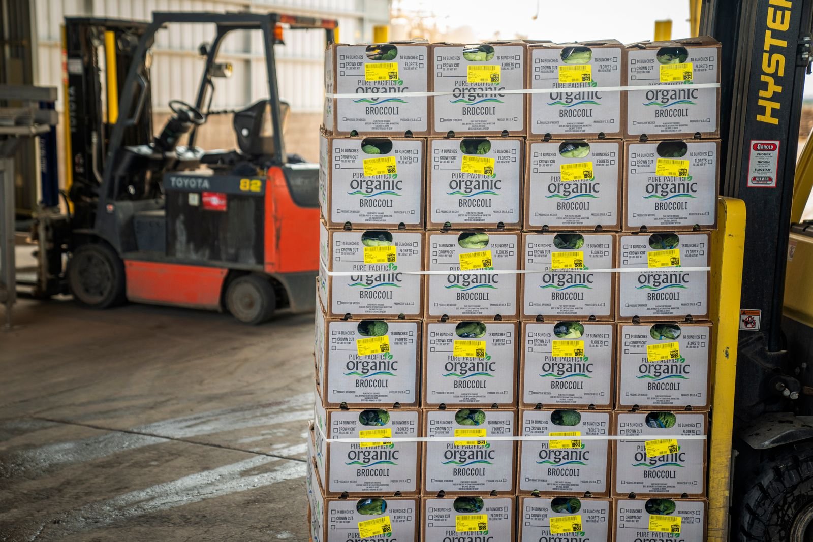Stacked boxes beside a forklift for LCL consolidation