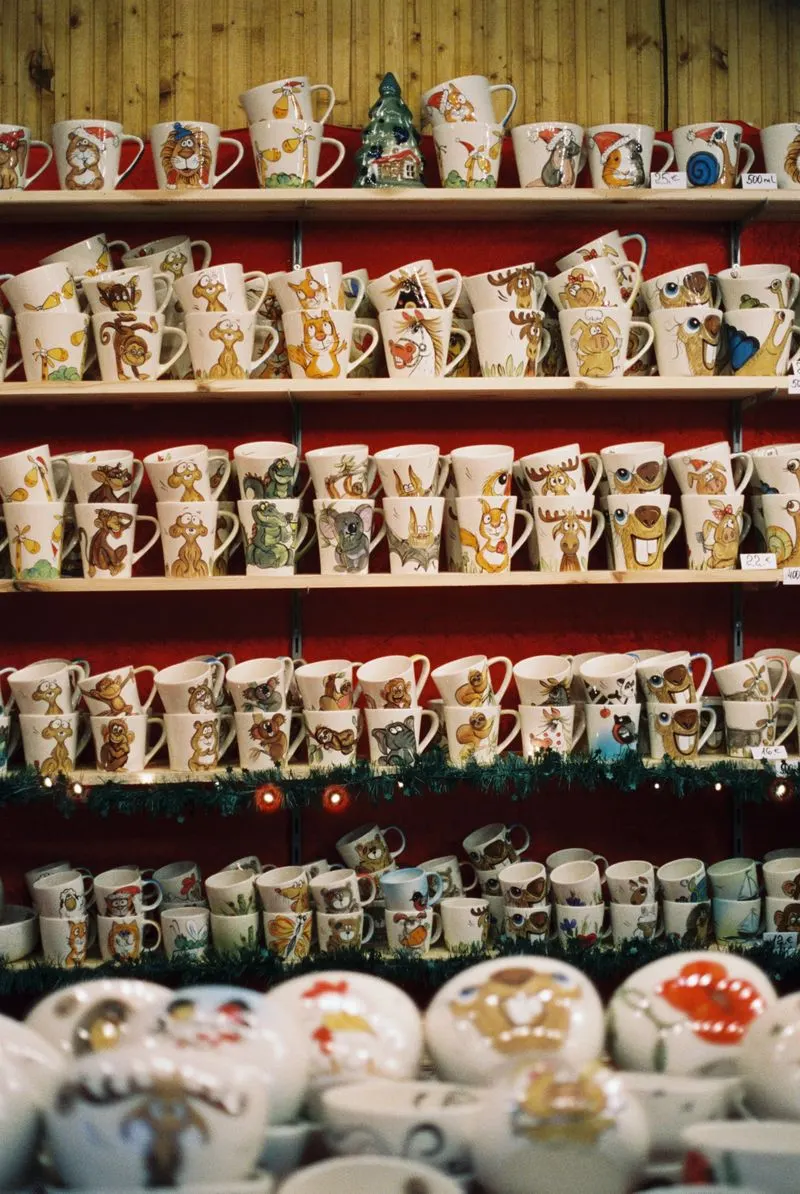 Festive ceramic mugs on display