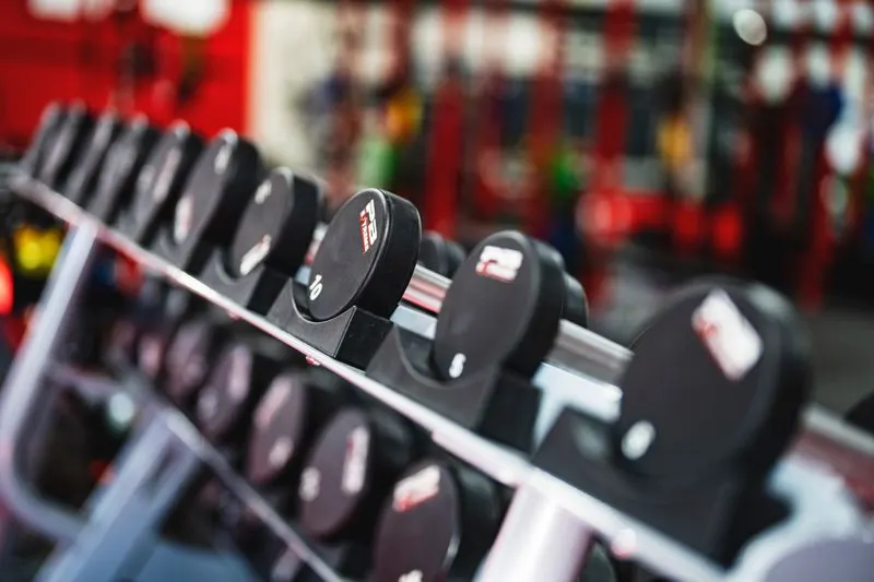 Row of dumbbells in a gym